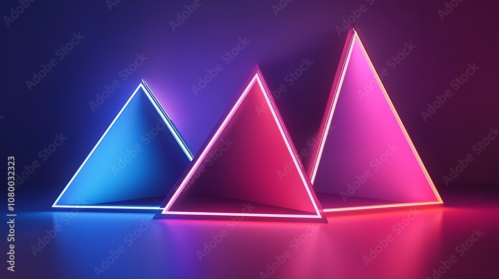 Geometric abstraction with glowing edges and triangular shapes in neon shades Geometric abstraction with glowing edges and triangular shapes in neon shades