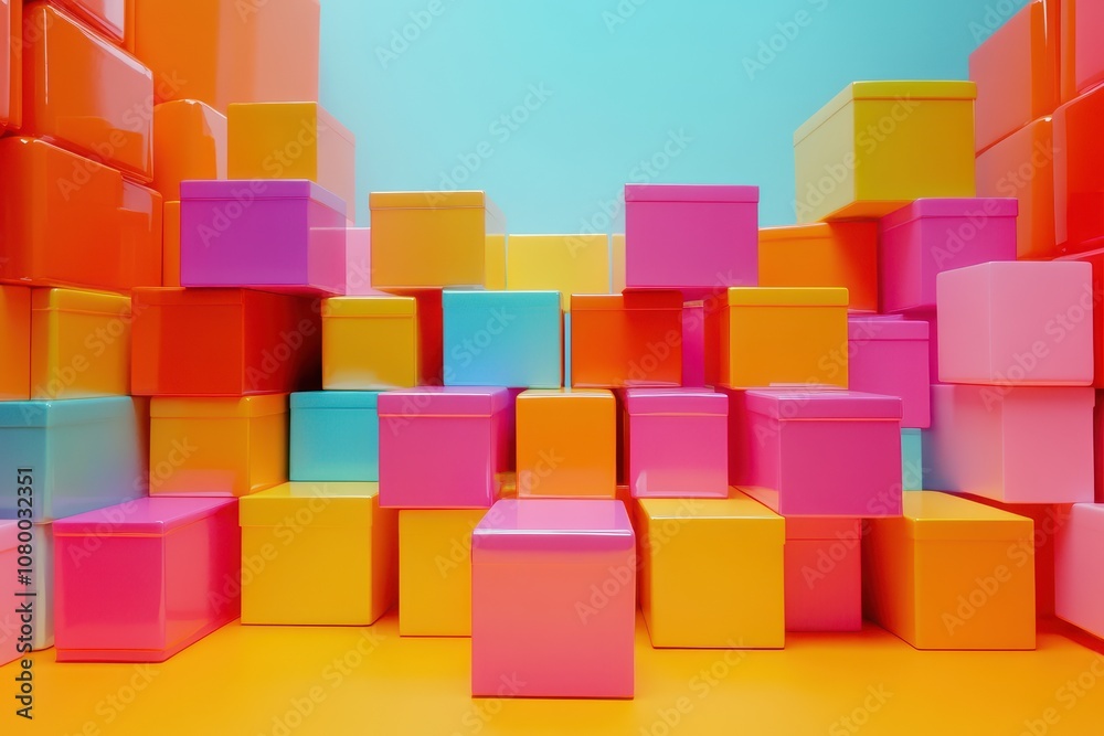 A stack of colorful boxes with a bright background A stack of colorful boxes with a bright background