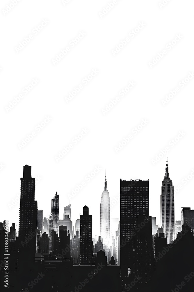 Naklejka premium A stylized black city skyline silhouette on a white background, with open space above for text.
