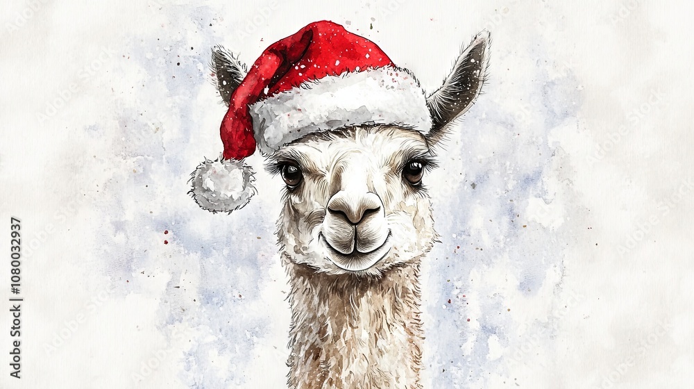 Naklejka premium Llama in santa hat watercolor