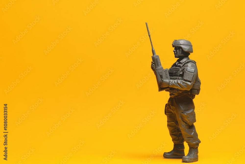 A soldier is standing in front of a yellow background with a radio in his hand A soldier is standing in front of a yellow background with a radio in his hand