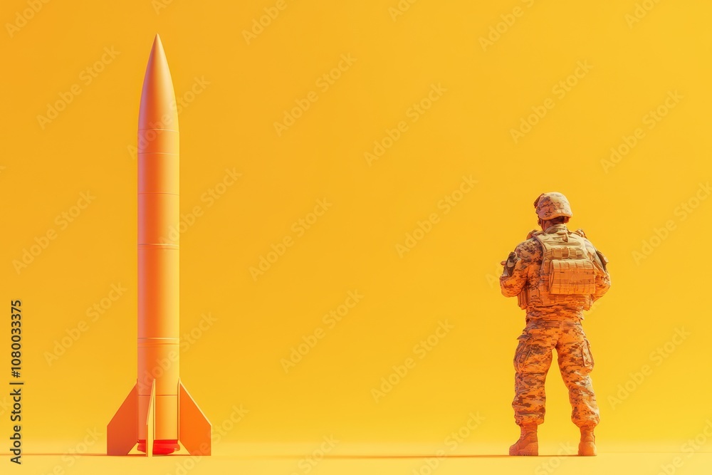 A soldier stands in front of a rocket looking at it A soldier stands in front of a rocket looking at it