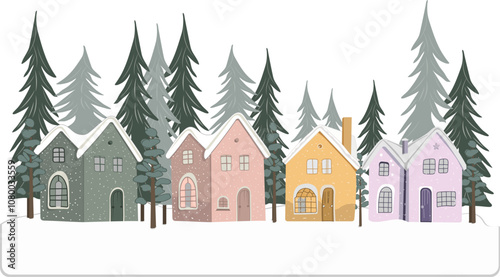 Christmas set of boho festive winter houses. Cozy boho houses decorated for the holiday collection