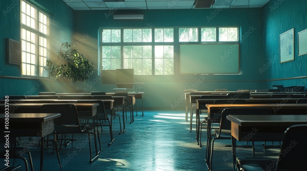 Empty Classroom with Desks and Chairs Empty Classroom with Desks and Chairs
