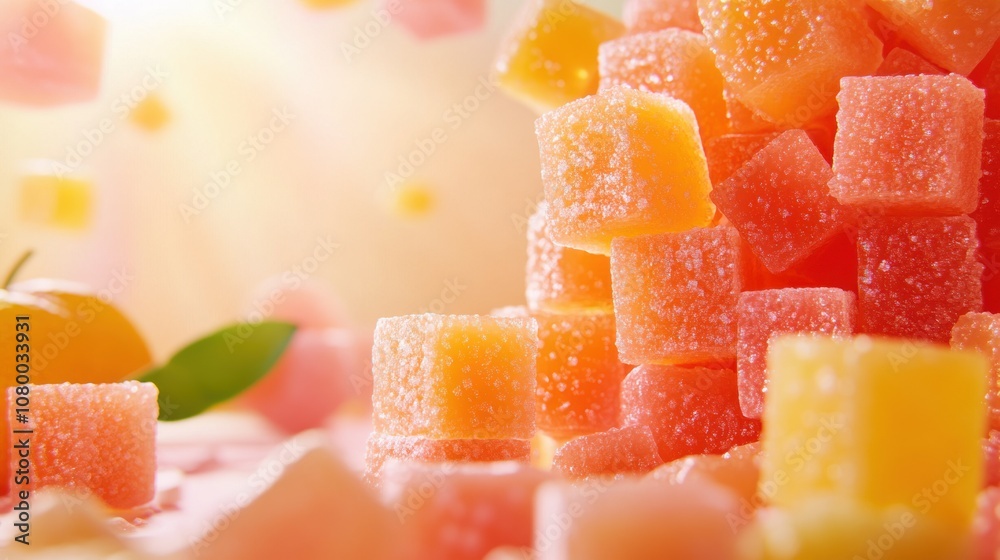 Colorful fruit gummies delight taste buds with sweet flavor Colorful fruit gummies delight taste buds with sweet flavor