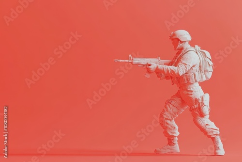 A soldier is standing in front of a red background, holding a rifle