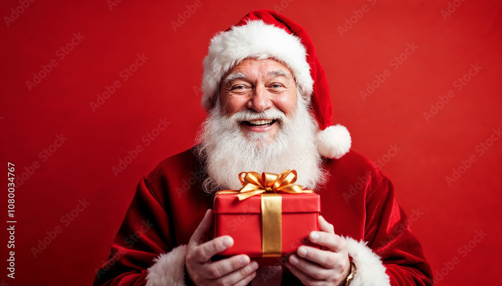 Santa Claus smiling with gift against festive red background, full of holiday spirit.
Santa Claus smiling with gift against festive red background, full of holiday spirit.