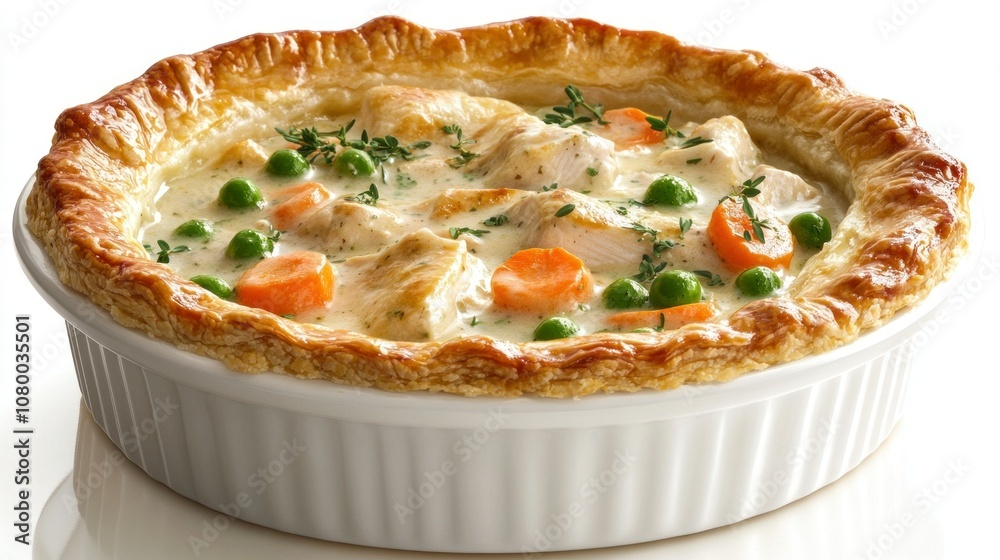 A comforting serving of chicken pot pie with a flaky A comforting serving of chicken pot pie with a flaky