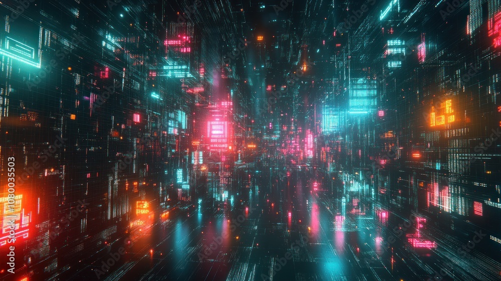 Fototapeta premium Abstract cyberpunk city with glowing neon lights and digital data streams.