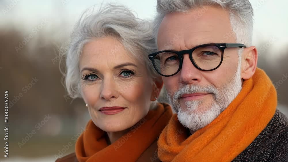 Romantic and Elegant Older Couple Embracing Outdoors with Warm Clothing and Soft Expressions, Celebrating Love and Connection During Autumn Season Romantic and Elegant Older Couple Embracing Outdoors with Warm Clothing and Soft Expressions, Celebrating Love and Connection During Autumn Season