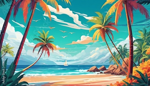 Summer sea landscape with sunny wetter and blue sky, beach and ocean,mountains. photo