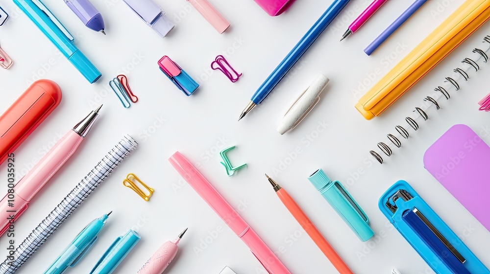 Colorful Stationery and Office Supplies Arranged on a White Background Colorful Stationery and Office Supplies Arranged on a White Background