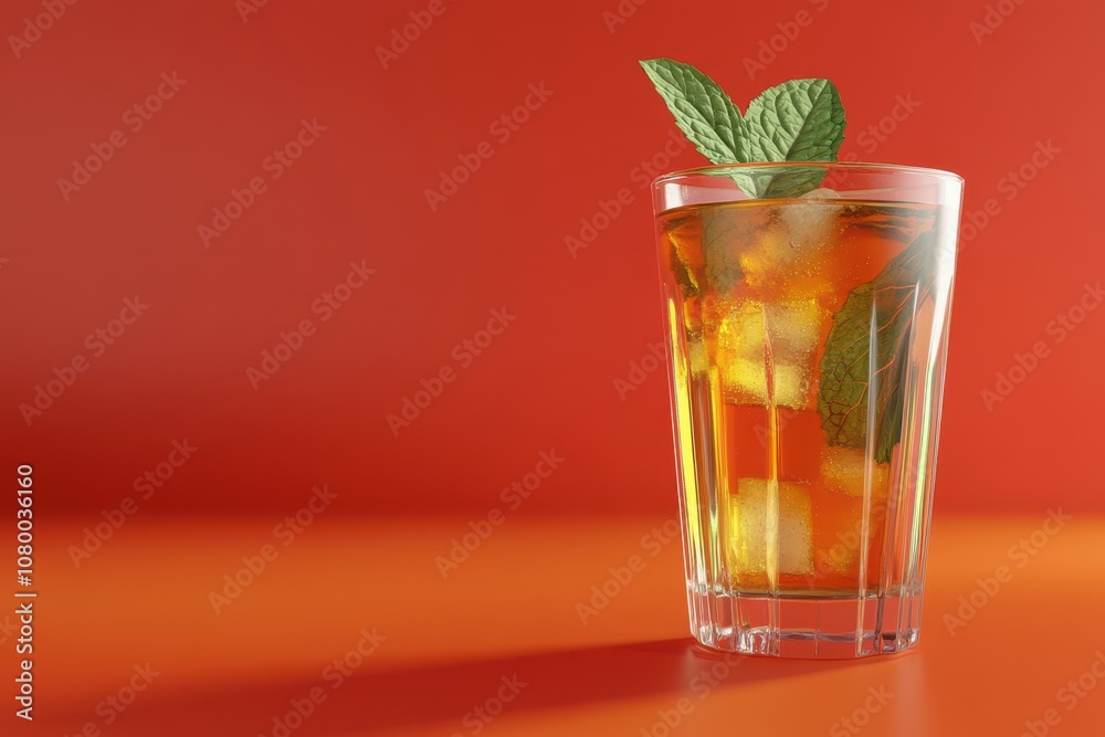 A glass of tea with a green leaf on top A glass of tea with a green leaf on top