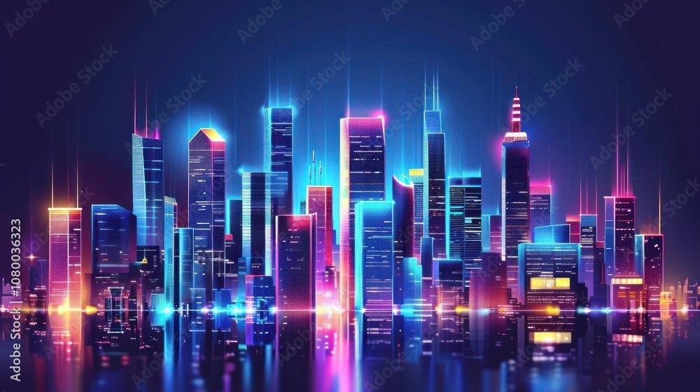 Fototapeta premium A vibrant, futuristic city skyline illuminated with neon lights and reflections at night.