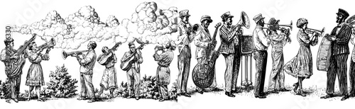 Various jazz musicians playing instruments and singing. Pioneering saxophonist, trumpet player, drummer, piano player, contrabass player. Flat modern illustrations isolated on white.