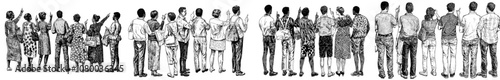 A group of people standing behind a white background, gesturing, pointing with fingers and looking up at the camera. Flat modern illustrations isolated on white.