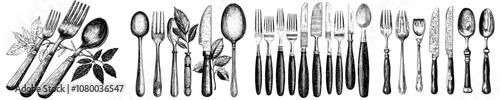 Dining, eating tools collection. Top view of flatware. Table knife, tablespoon, teaspoon, metal spoon, steel fork. Flat modern illustrations isolated on white.