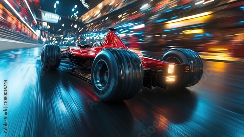 A race car speeds through the night photo