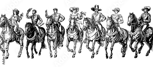 The equestrians on horseback set. Horseback riders in helmets sitting on equine saddles. Men and women riding horses, walking, trotting, galloping. Isolated modern illustrations on white.