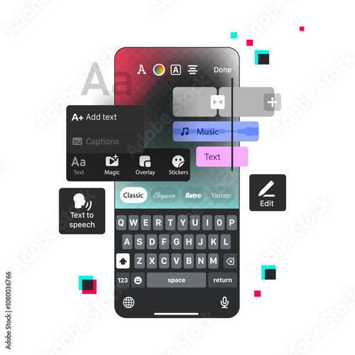 Editing Text in a Mobile Application. App for Create and Edit Short Clips. Video production Montage concept. Vector illustration