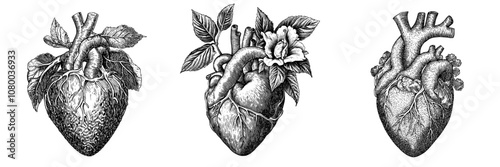 A hand-drawn illustration of a heart, illustrating real human organs. Vintage antique interior anatomy art, ink drawing. Medical detailed hand drawn etching drawing. Hand drawn modern illustration