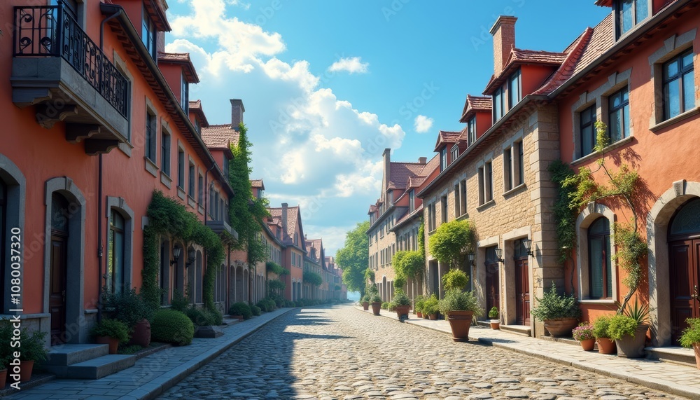 Naklejka premium Charming cobblestone street in a quaint European town