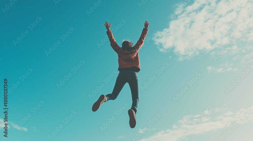 Person jumping joyfully against a bright blue sky with scattered clouds on a sunny day Person jumping joyfully against a bright blue sky with scattered clouds on a sunny day
