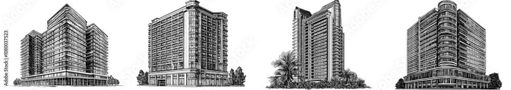 Illustration of a hotel building with a large basement in a flat style. Illustration of a hotel building with a large basement in a flat style.