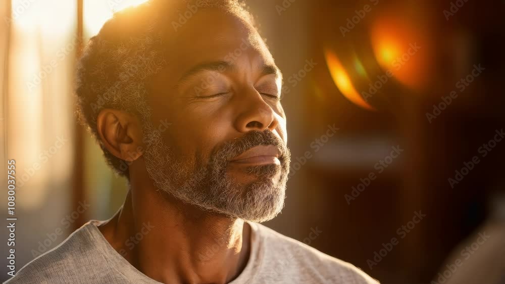 Calm and Relaxed Older Man with Gray Hair Enjoying Peaceful Moment in Soft Lighting, Representing Mindfulness and Inner Peace in a Cozy Environment