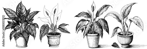 A vase of potted flower plants in good and bad conditions. Growing leaves vs wilting dead plant with dying dry leaf. Flat cartoon illustration isolated on white background.