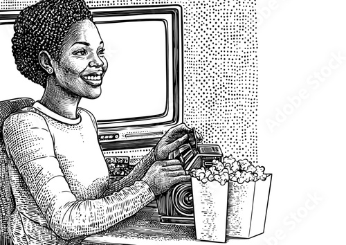 A movie lover watches TV shows on an internet platform while eating popcorn on a computer screen. Flat modern illustration isolated on white.