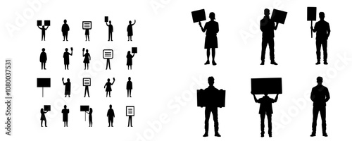 A protestor holds a placard. Black silhouettes. Illustration of a modern protester