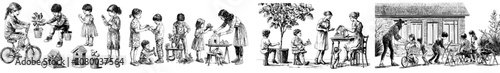 A set of children's activities and fun in a kindergarten class. Happy boys and girls drawing on walls, reading. Illustrations of flat modern illustrations isolated on white.