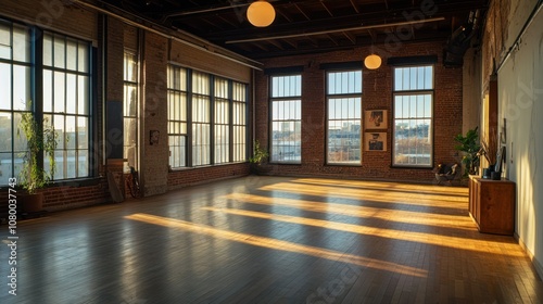 Sunlight Streaming Through Windows in a Brick Loft photo