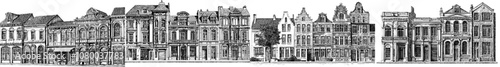 There are rows of old Swedish houses in the old city. Scandinavian architecture, cute cozy facades, vintage facades with a cafe and store in a historical town. Flat modern illustration isolated on
