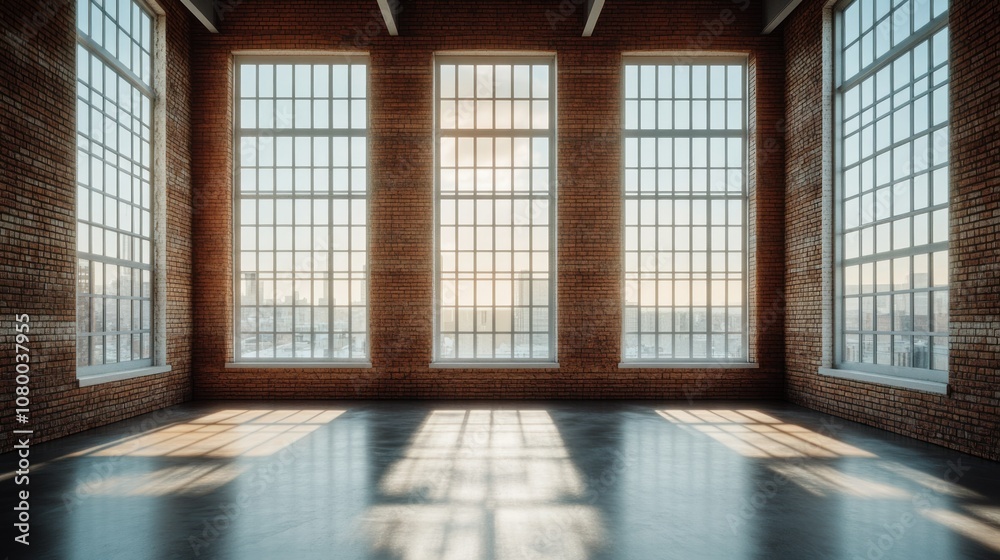 Empty Room with Large Windows and Brick Walls Empty Room with Large Windows and Brick Walls