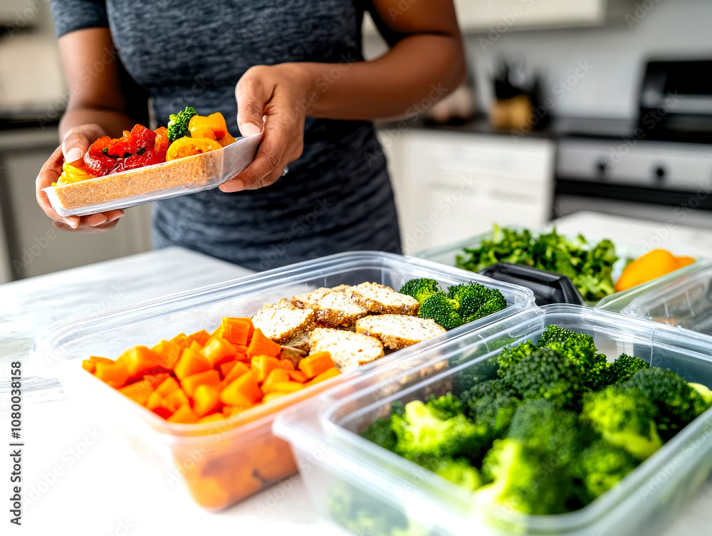 A person prepares healthy meal containers filled with fresh vegetables, fruits, and protein in a modern kitchen setting.