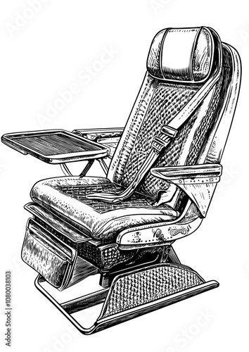 Detailed flat illustration of a passenger seat. Rear view shows video on demand device.