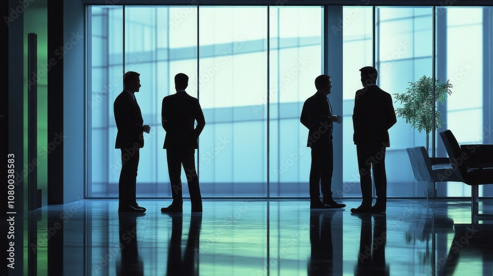 Four men standing in a room, one of them holding a glass Four men standing in a room, one of them holding a glass