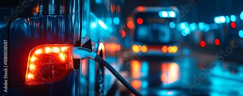 Electric bus charging station at night