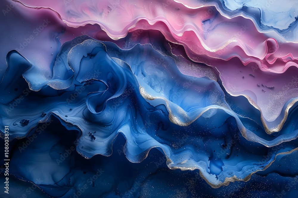 Ethereal Abstract Waves in Pink and Blue with Gold Accents for Artistic Decor Ethereal Abstract Waves in Pink and Blue with Gold Accents for Artistic Decor