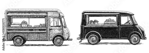 Illustration of a food truck in black and white.