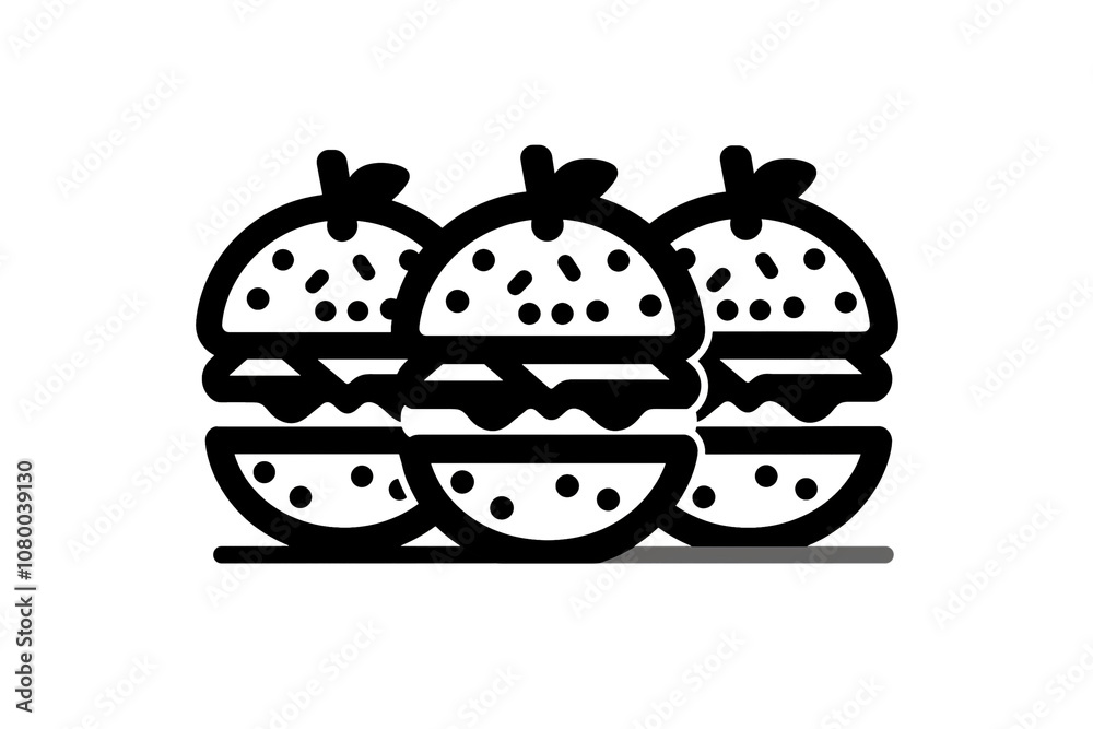 PNG cut out isolated background. Black-and-white icon illustration of three stacked burgers with toppings, ideal for a foodie app focused on restaurant discovery, food reviews, or burger-specific cont PNG cut out isolated background. Black-and-white icon illustration of three stacked burgers with toppings, ideal for a foodie app focused on restaurant discovery, food reviews, or burger-specific cont
