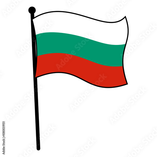 Minimalist Bulgarian Flag on Waving Flagpole for Sticker, Logo, Badge, and Mark Template, Scalable and Editable EPS Vector Illustration, Isolated on Clean White Background