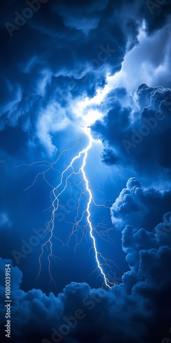 Single Lightning Bolt Piercing the Night Sky with Dramatic Clouds, Blue Glow, and Thunderous Natural Energy in Motion, Generative AI