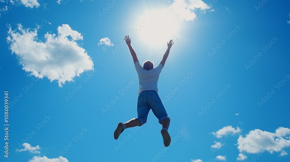 A person joyfully leaps into the bright blue sky on a sunny day with fluffy clouds in the background A person joyfully leaps into the bright blue sky on a sunny day with fluffy clouds in the background