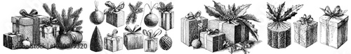 A set of gift boxes with holidays presents wrapped in festive paper, decorated with ribbon bows, strings, and twine. Presents presented in boxes with surprises inside. Flat modern illustrations