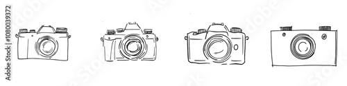 A modern doodle drawing of a mirrorless camera isolated on white background, hand drawn.