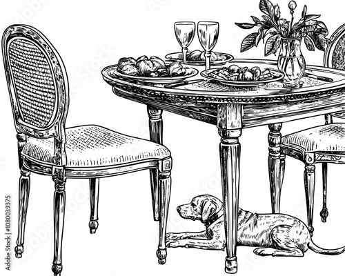 After dinner party with pizza and drink. Food scraps on plates, snacks, beverages, and cute dog eating the last dish. Modern flat graphic illustration isolated on white.