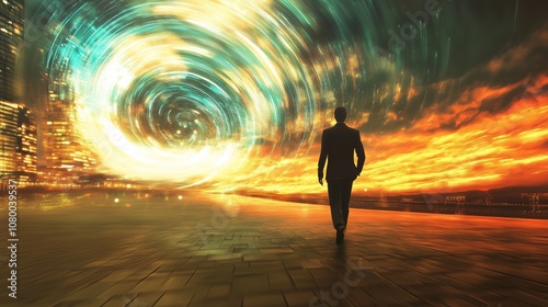 A person walks towards a swirling vortex in a vibrant cityscape at twilight, as fiery colors blend into the night sky